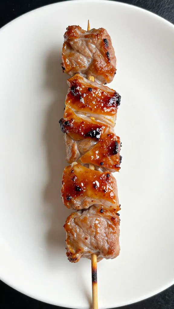 finished pork skewer with caramelized edges on white plate