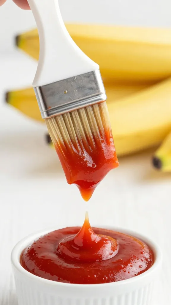 basting brush loaded with banana ketchup over skewer