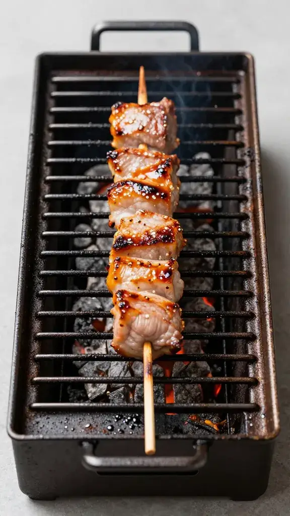 single grill grate section with one searing pork skewer