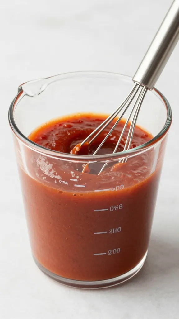 measuring cup of banana ketchup marinade with whisk