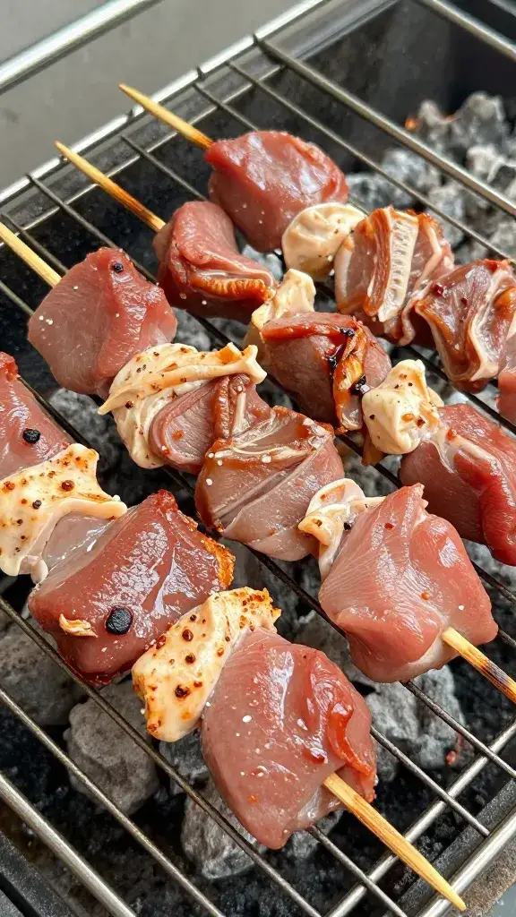 skewered pork resting on wire rack before grilling