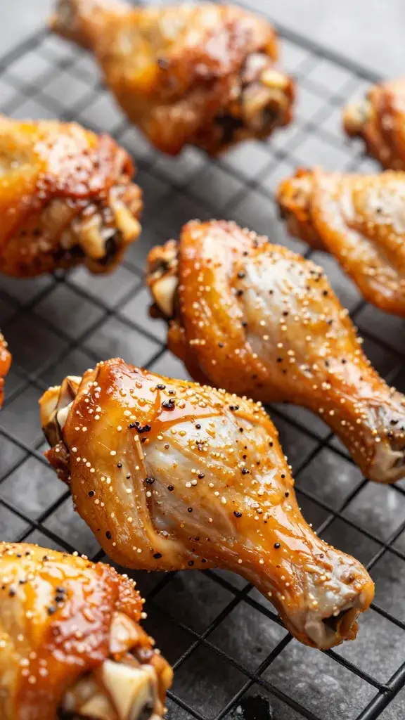 closeup of jerk-marinated chicken thigh on wire rack