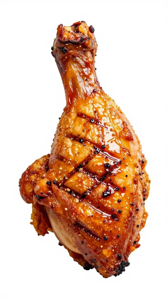 single smoked chicken thigh with crisped skin, grill marks