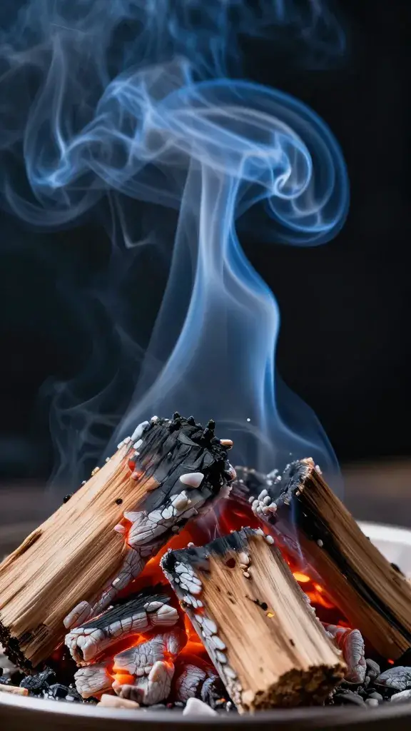 pimento wood chunk smoldering, clean blue smoke plume