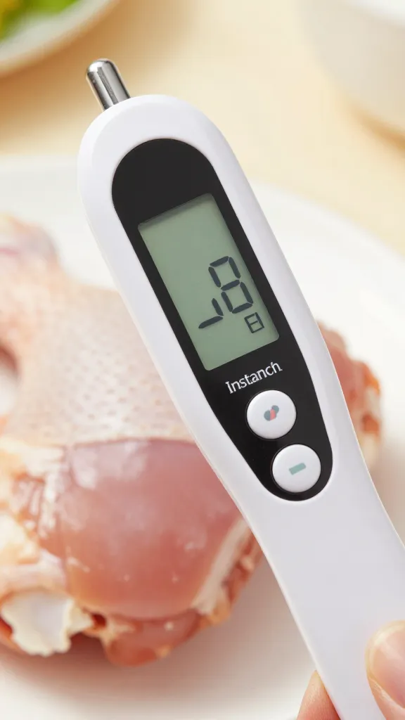instant-read thermometer probe in chicken thigh, 175°F display