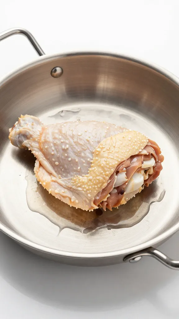 stainless hotel pan with one resting chicken thigh, juices pooling