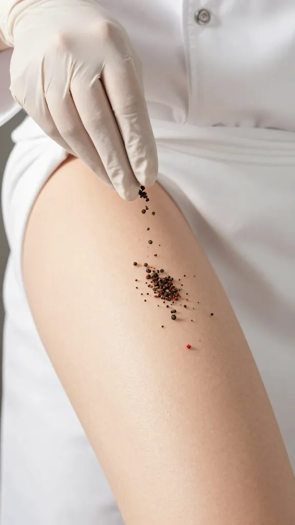 chef’s gloved hand sprinkling allspice on one thigh