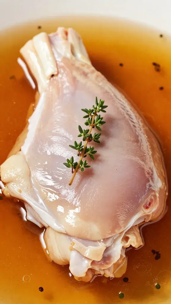thyme sprig pressed into wet marinade on single thigh