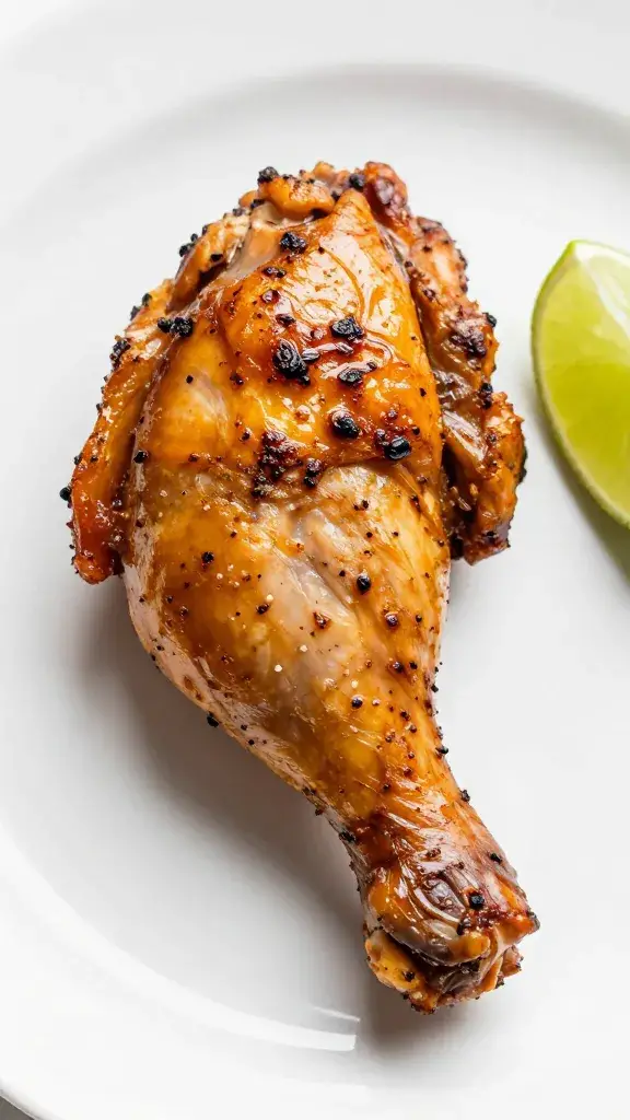 single plated jerk chicken thigh with lime wedge nearby