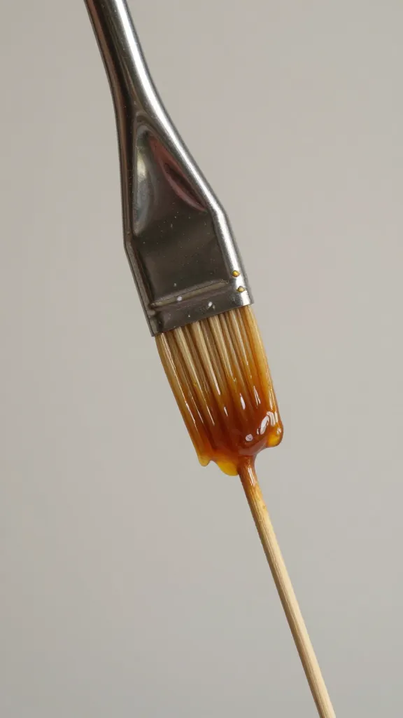 single tare sauce brush dripping over one skewer