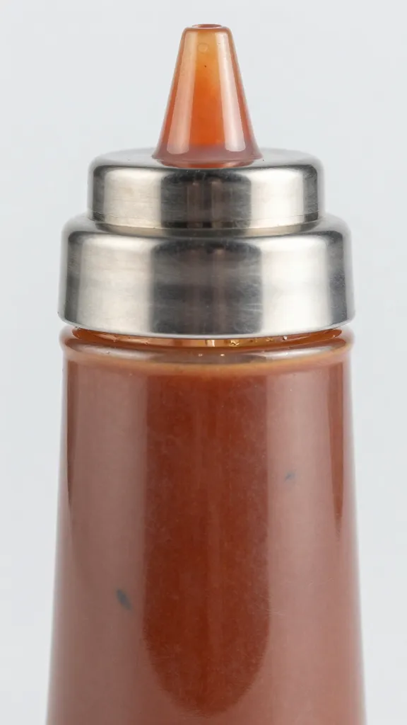 closeup of tare sauce in stainless squeeze bottle