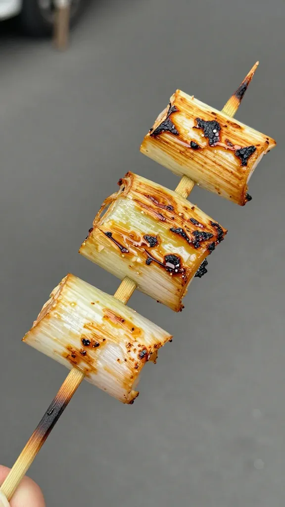 grilled negima skewer with charred scallion closeup