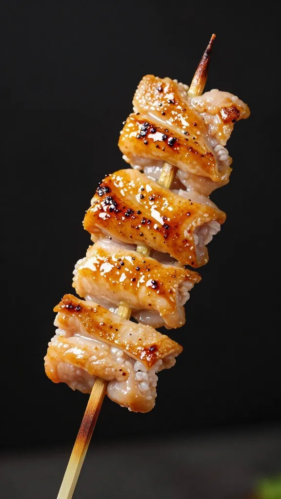 single chicken skin yakitori skewer, blistered and glossy