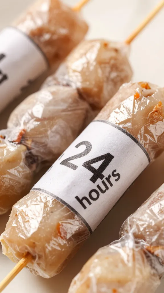 closeup of chilled skewers wrapped and dated “24 hours”
