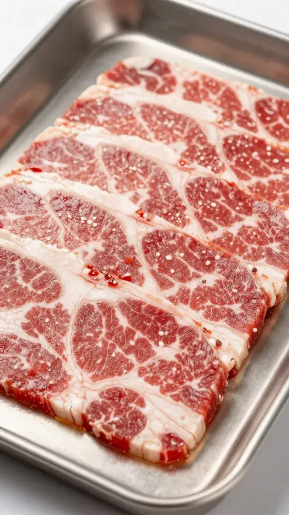 Closeup of marinated bulgogi slices on stainless tray
