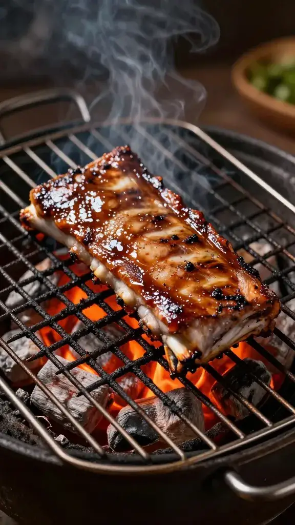 Single kalbi short rib on hot charcoal grill grate