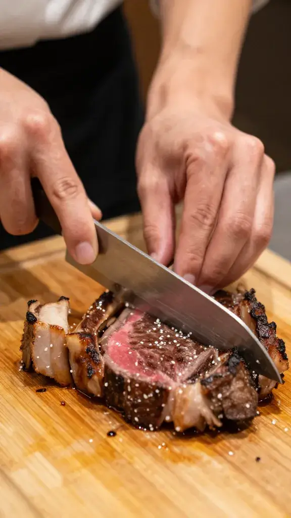 Chef’s hand slicing ribeye thinly for bulgogi