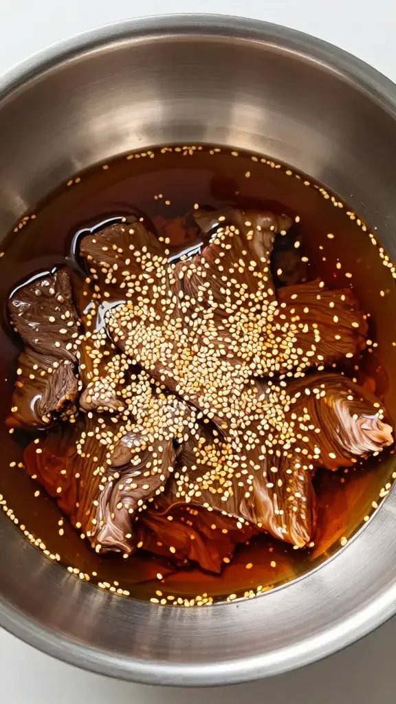 Stainless mixing bowl of kalbi marinade with sesame seeds