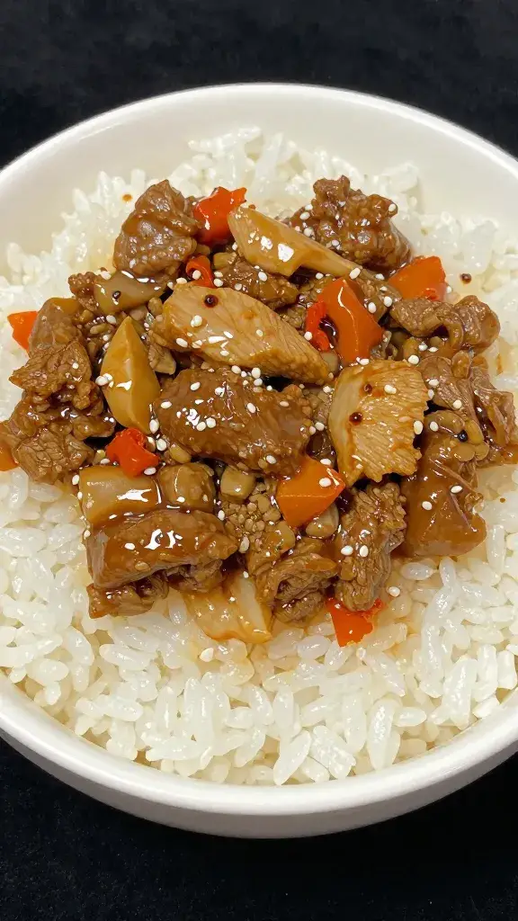Single plated serving of bulgogi over steamed rice