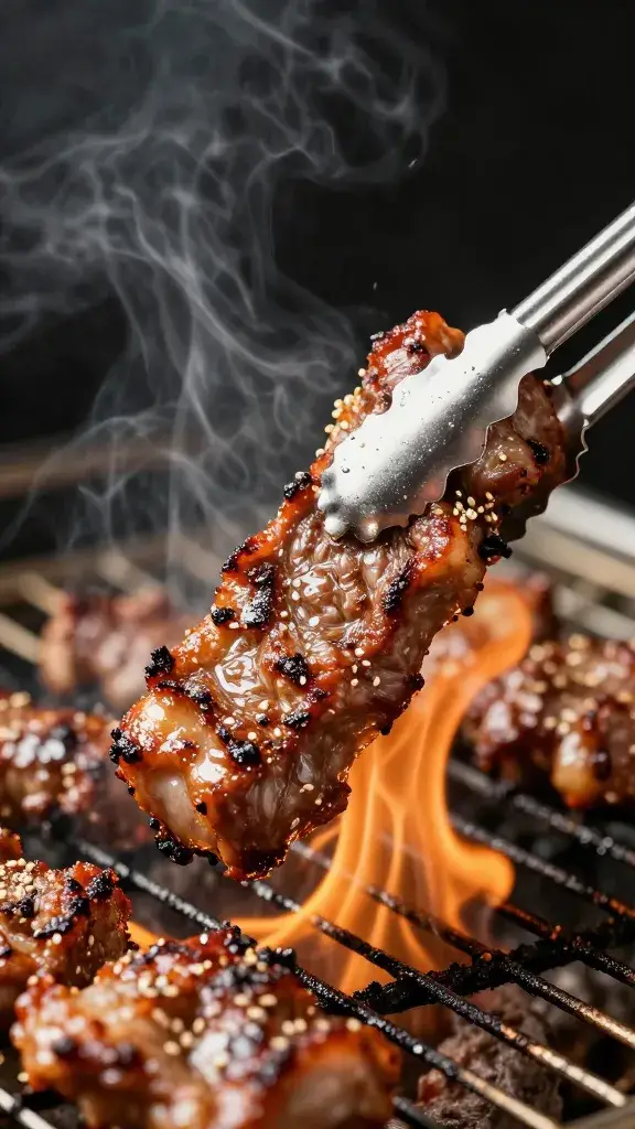 Tongs gripping one sizzling kalbi piece, grill flare