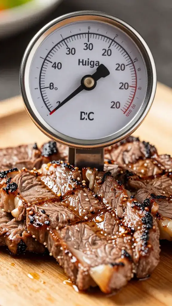 Meat thermometer reading on grilled bulgogi slice