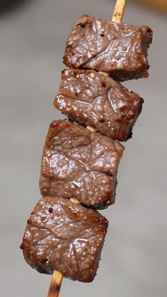 closeup picanha slices carved from single skewer