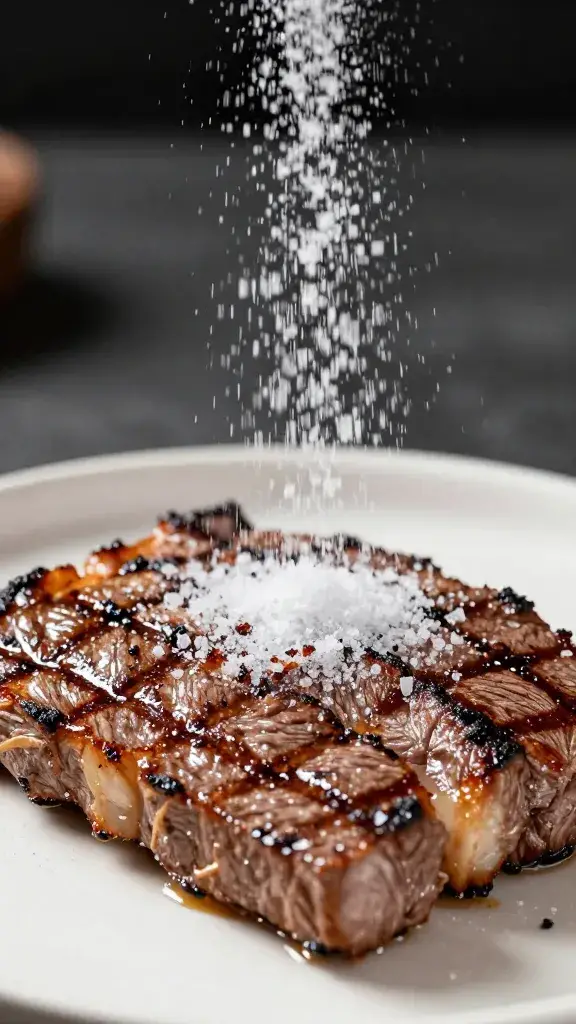 coarse salt falling onto grilled picanha slice