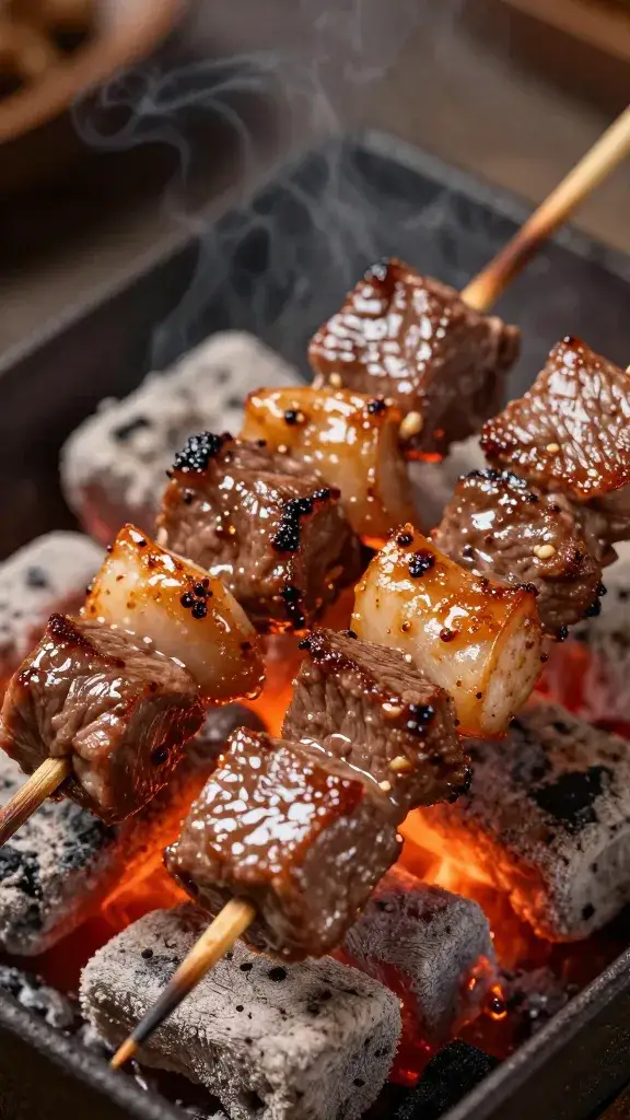 glistening beef skewer over charcoal embers