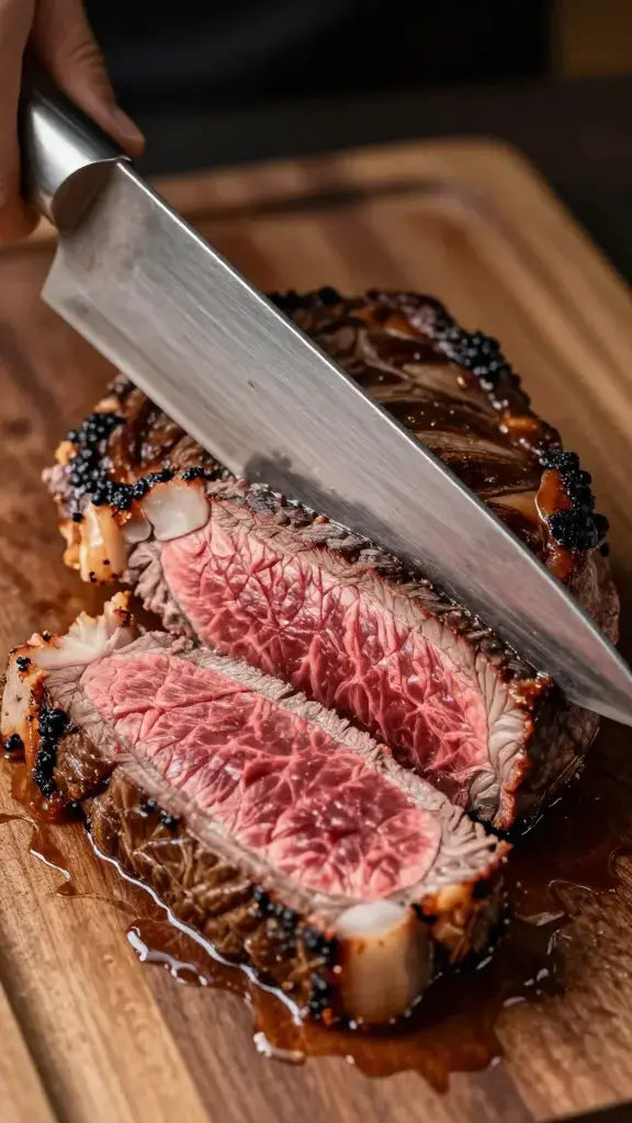 single churrasco knife slicing medium-rare beef