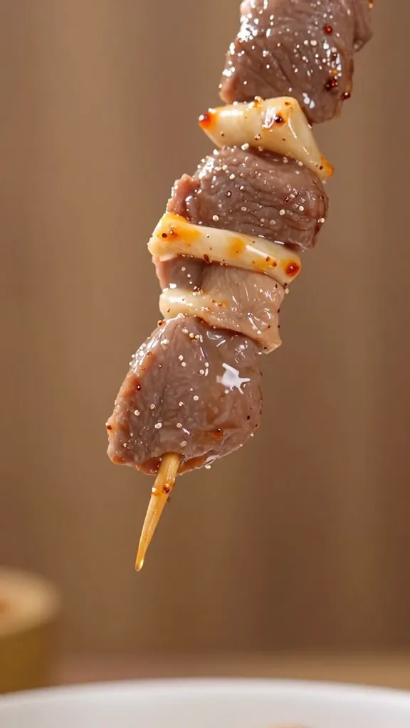 closeup of meat juices dripping off skewer