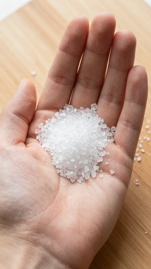 coarse salt crystals in palm over cutting board