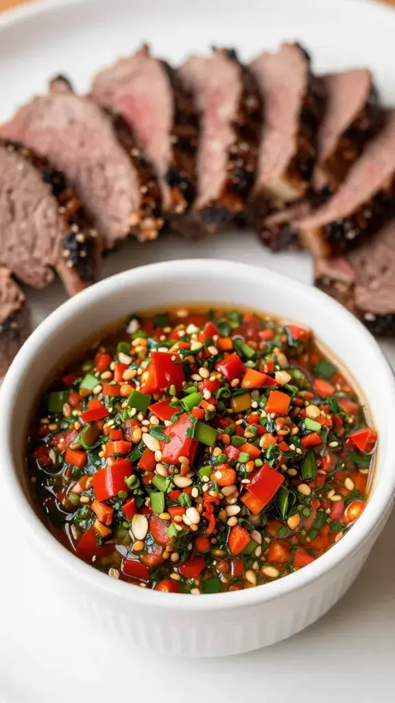 single chimichurri bowl beside sliced picanha