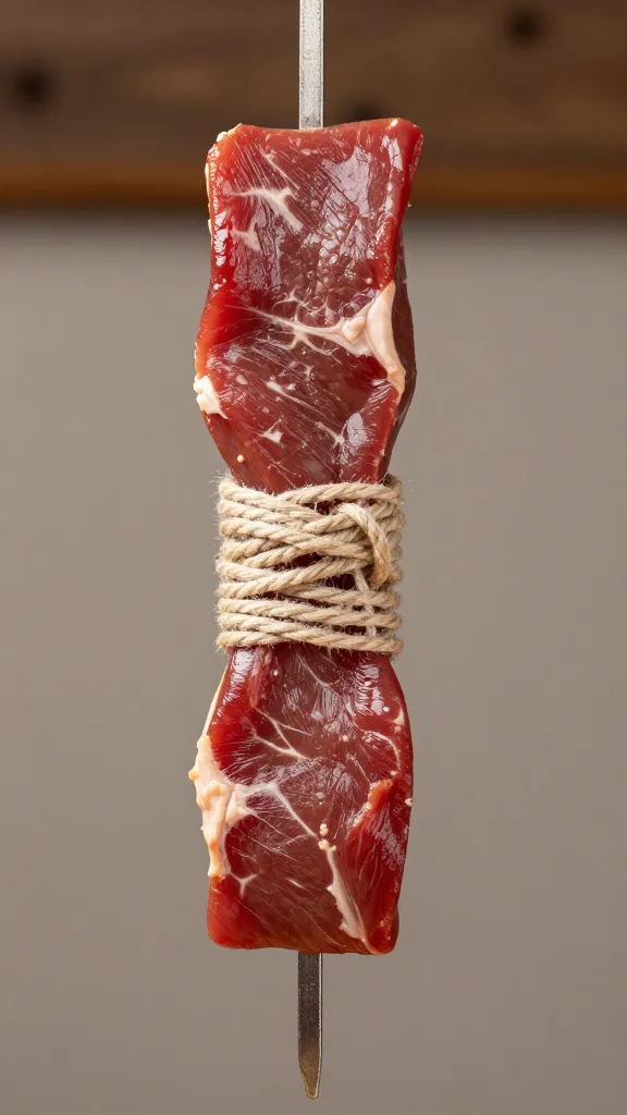 butcher twine knot securing picanha on skewer