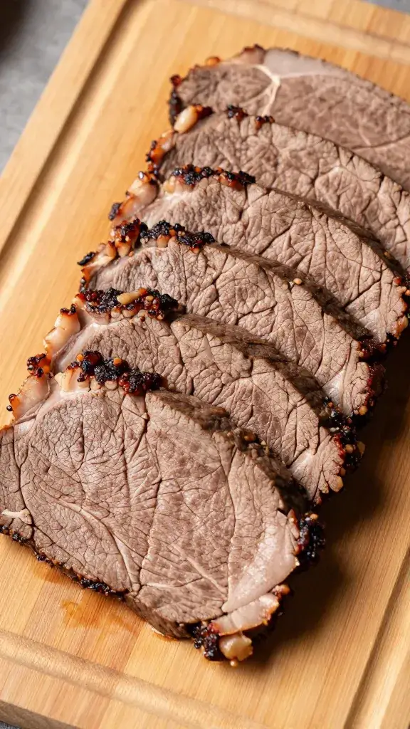 Sliced asado beef against-the-grain on wooden board