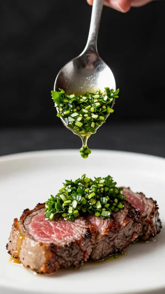 Spoon drizzling chimichurri over single steak slice