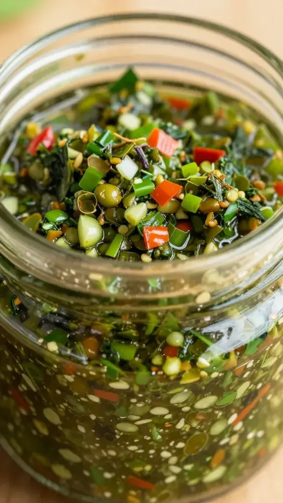 Closeup of vibrant chimichurri in glass jar