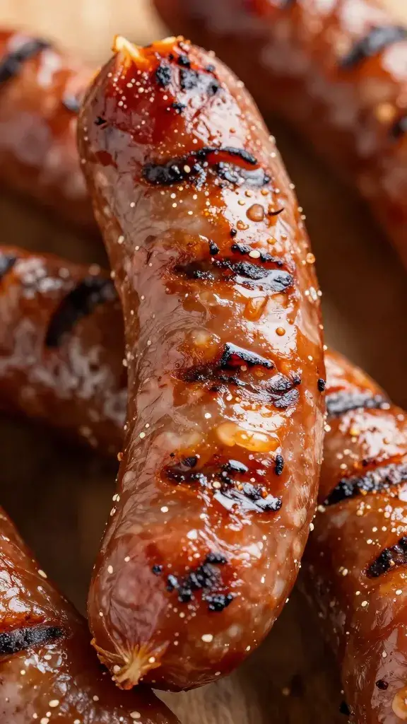 Juicy chorizo link with grill marks, closeup