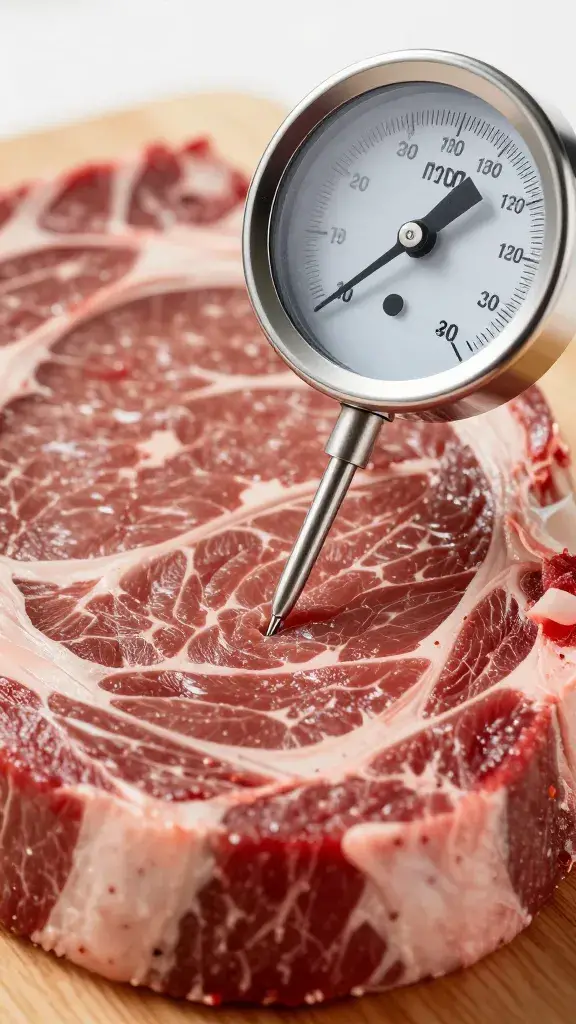 Meat thermometer inserted into ribeye, macro shot