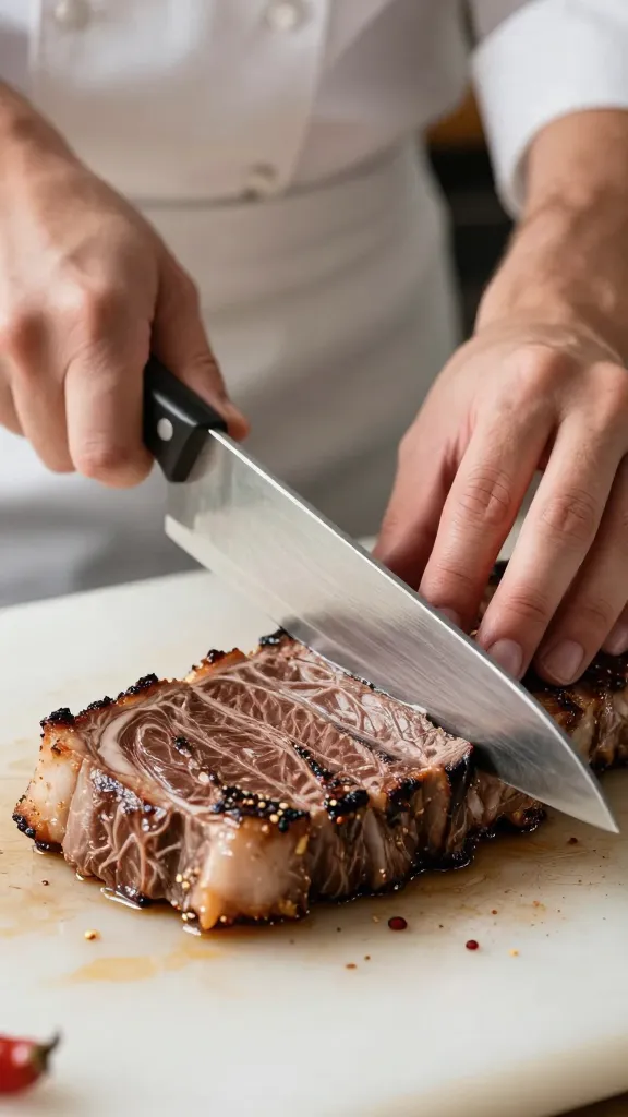 Chef’s knife slicing flank steak, tight crop
