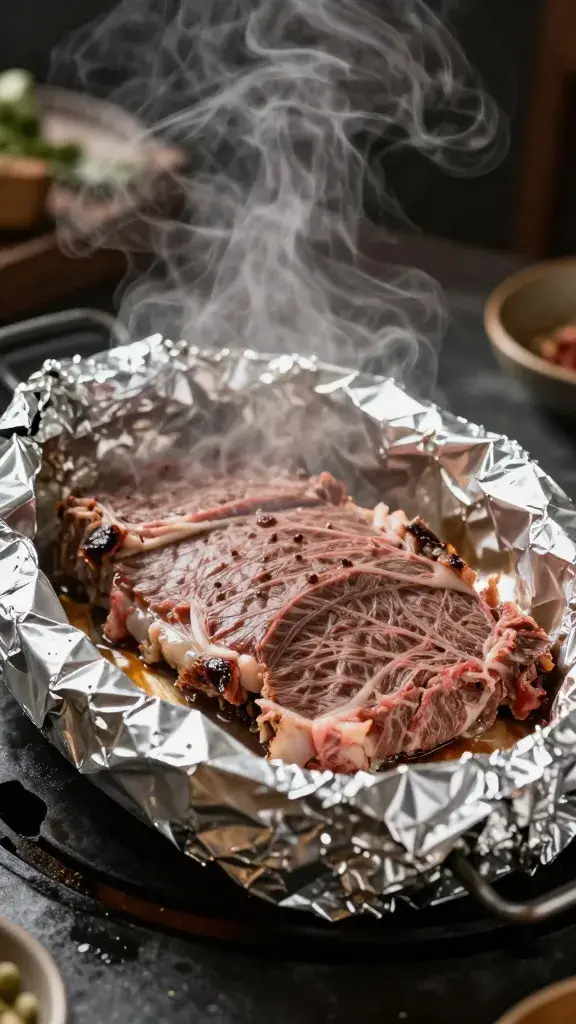 Resting beef under foil tent, steam visible