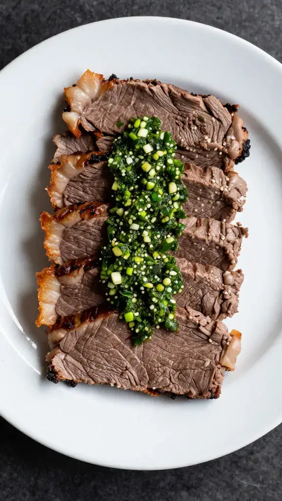 Single asado plate with sliced beef and chimichurri