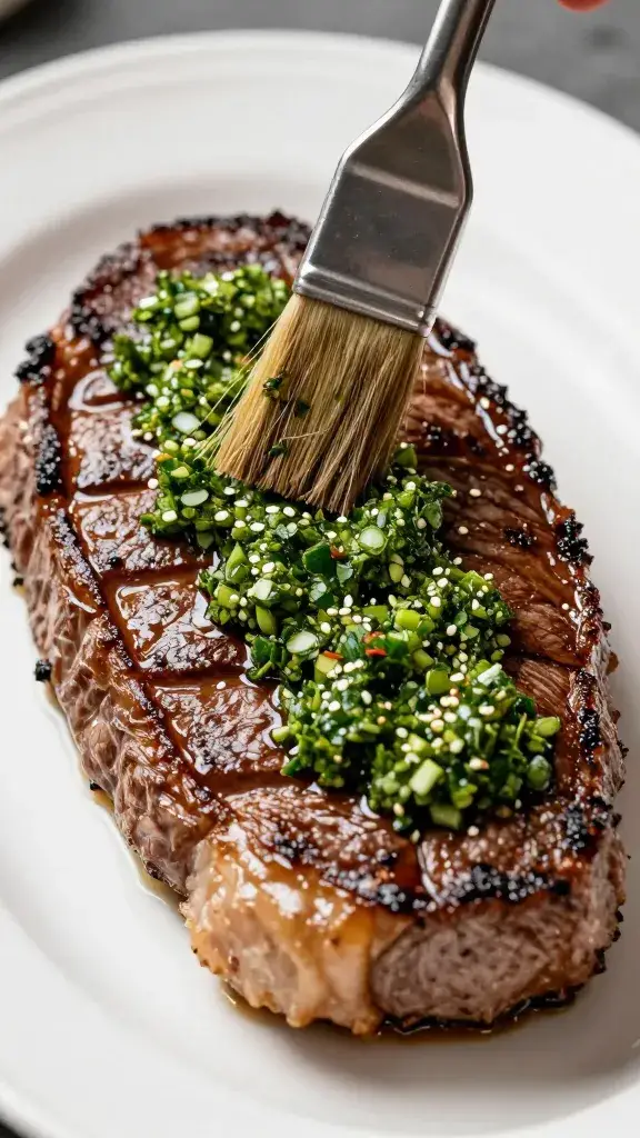 Brush glazing steak with chimichurri at table