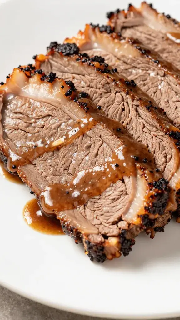 Closeup of chopped brisket sauced on white platter