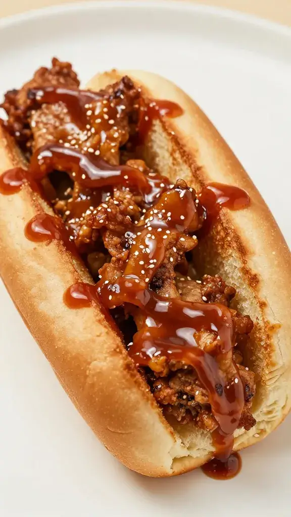 Single pulled pork bun with glossy sauce drizzle