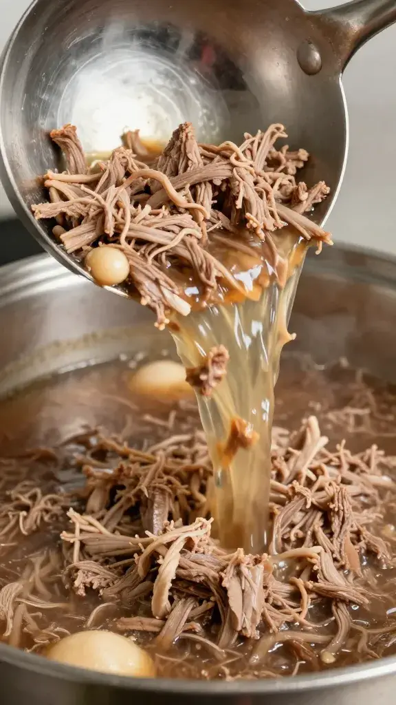 Ladle pouring hot beef stock into shredded meat