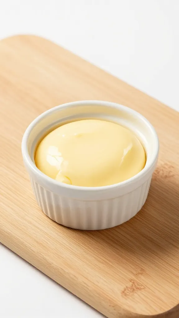 Small ramekin of rendered fat beside carving board