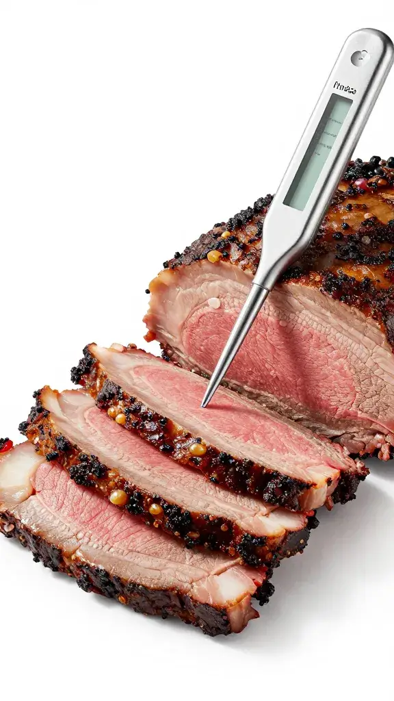 Instant-read thermometer inserted in sliced brisket