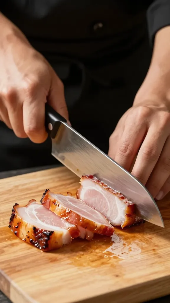 Chef’s knife chopping smoked pork on wooden board