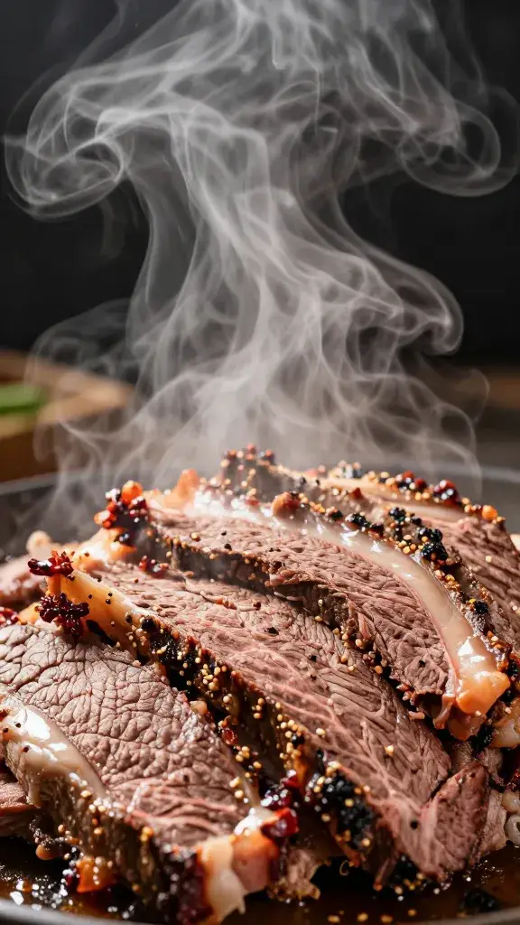 Steam rising from reheated chopped brisket mound