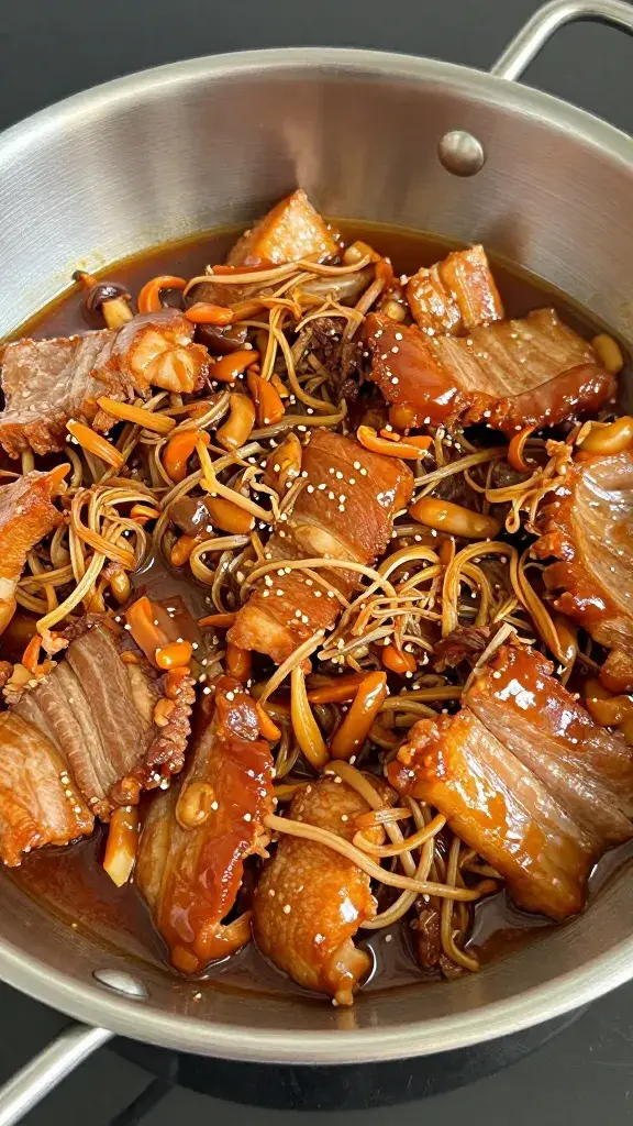 Single stainless pan of sauced pulled pork